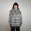 Shaggy faux fur jacket black white detachable hood striped collarless coat zebra bomber rave fleece festival pullover burning man overcoat