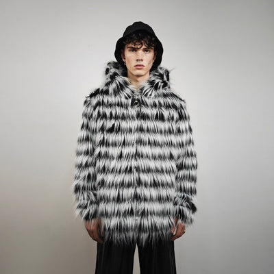 Shaggy faux fur jacket black white detachable hood striped collarless coat zebra bomber rave fleece festival pullover burning man overcoat