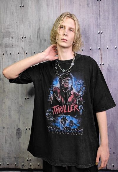MJ print t-shirt Y2K king of pop tee retro to acid black