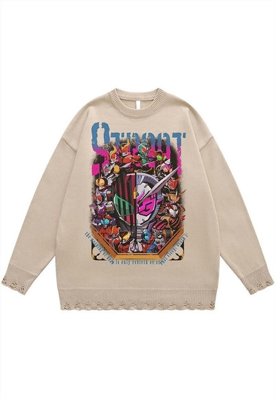 Robot sweater knitted anime jumper ripped top in beige