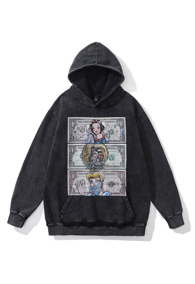 Dollar print hoodie money pullover grunge cartoon top grey