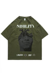 Nihilist slogan t-shirt Gothic face tee monster top green