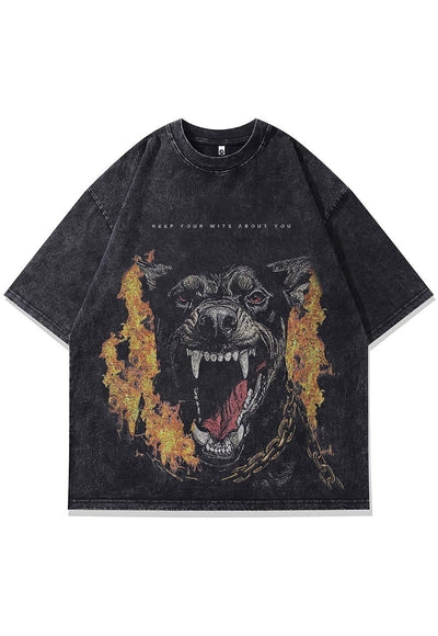 Angry dog t-shirt flame print tee metalcore top in acid grey