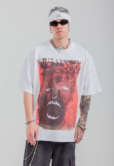 Monster print t-shirt punk Devil tee Satan Gothic top white