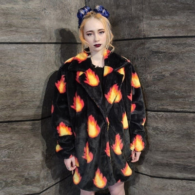 Flame print coat burning fire fleece trench luxury festival jacket fluffy grunge bomber in black orange