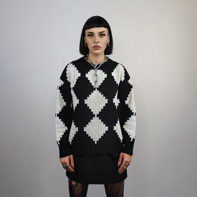 Big check sweater knitted chess jumper chequerboard top SKA knitwear rocker sweatshirt in black and white