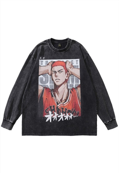 Anime t-shirt vintage wash Japanese cartoon print long tee