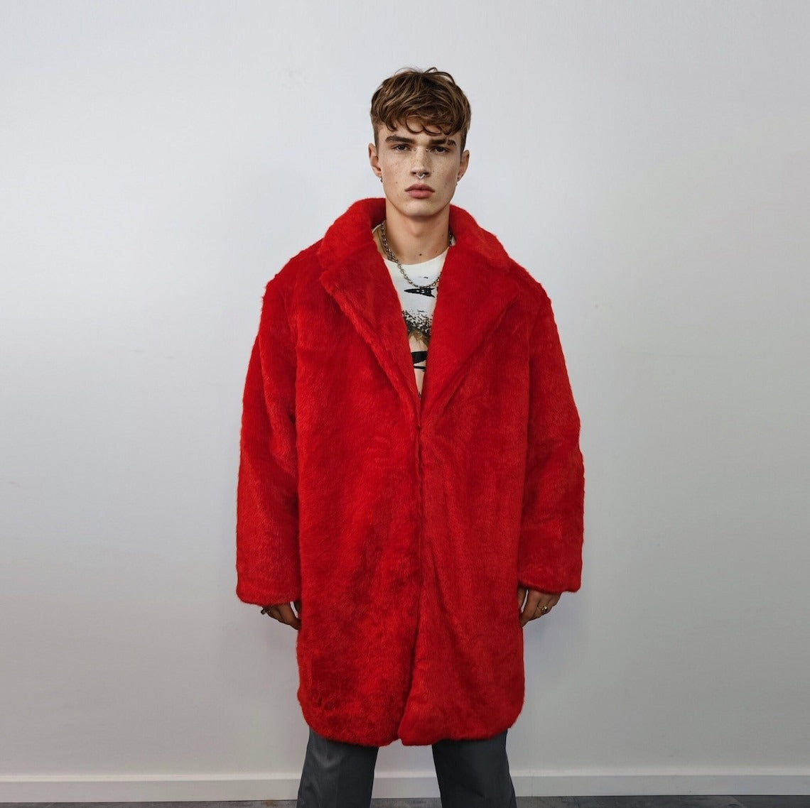 Red faux fur longline coat shaggy trench bright raver bomber fluffy wi Dark Harvest