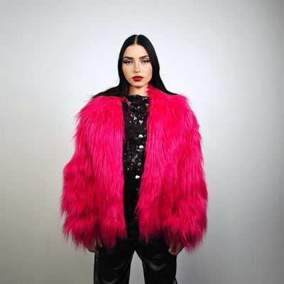 Neon faux fur coat shaggy cropped trench festival short jacket fuzzy overcoat carnival bomber florescent peacoat multifunctional rave fleece