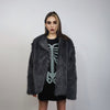 Grey faux fur jacket luxury collarless coat faux leather lapel bomber grunge fleece imitation overcoat short fluffy catwalk fox fur peacoat