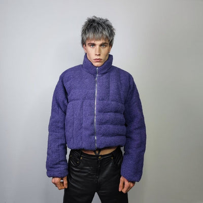 Cropped fleece jacket Asymmetric fluffy bomber box fit geometric coat raised neck aviator jacket quilted pattern short track jacket purple