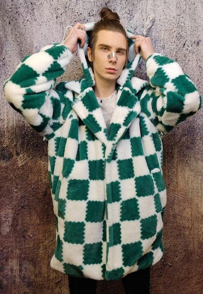 Check fleece jacket handmade 2 in 1 fluffy chess coat green