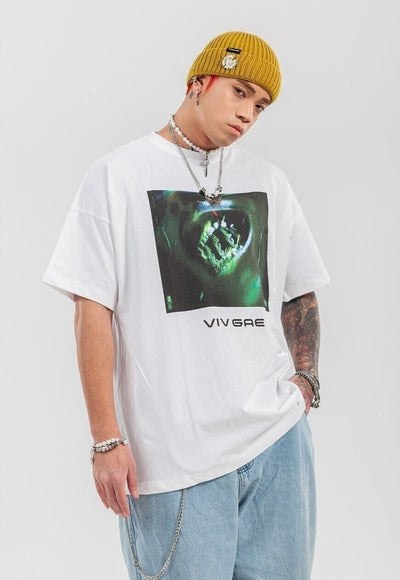 Grillz print t-shirt grunge rap tee raver top in white