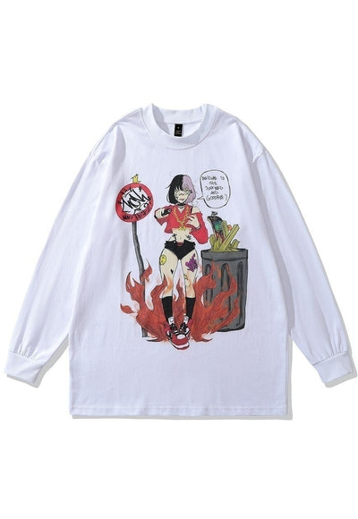 Anime t-shirt old Japanese cartoon long tee retro top white