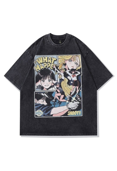 Anime print t-shirt Japanese tee retro skater top acid black