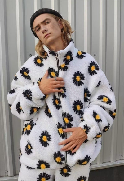 Daisy print fleece jacket handmade sunflower bomber in white