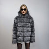 Striped fox fur jacket hooded grey shaggy mink coat fuzzy going out bomber mountain party fleece fancy dress fluffy peacoat rocker overcoat