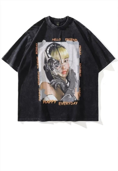 E-girl t-shirt old cyber punk print tee raver top acid grey