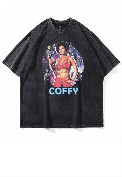 Coffy movie t-shirt retro hero tee top in vintage wash grey