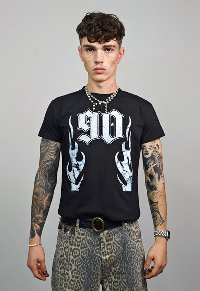 Flame print t-shirt slim fit unisex 90 number tee raver top