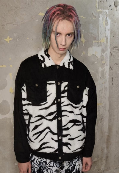 Reworked animal print jacket zebra fleece patch bomber black