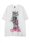 Cowgirl print t-shirt Anime tee Japanese retro top in white