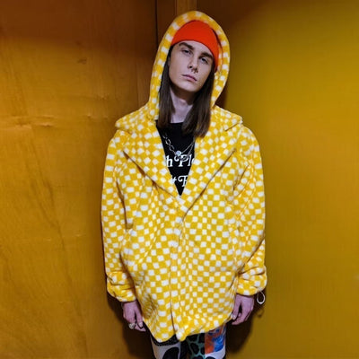 Chequerboard fleece jacket handmade 2 in 1 check coat yellow