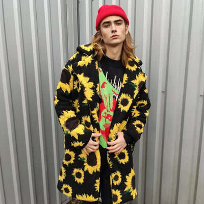 Floral fleece coat sunflower trench daisy pattern overcoat yellow rave bomber festival party jacket custom peacoat in yellow black