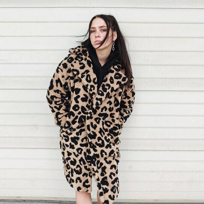 Leopard fleece coat animal print long jacket in brown