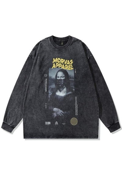 Mona Lisa t-shirt grunge art print long tee retro top black