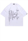 Paint splatter print t-shirt false slogan retro tee in white