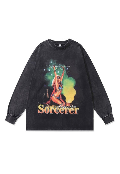 Vintage fantasy t-shirt long sleeve psychedelic top in grey