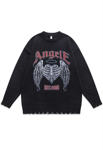 Angel wings sweater bones knit distressed scary jumper black