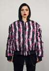 Vertical stripe varsity jacket pink black reversible bomber