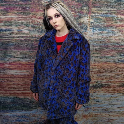 Leopard fleece coat handmade 2in1 tie-dye trench jacket blue