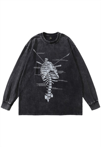 Ribs print t-shirt vintage wash skeleton bones long tee grey