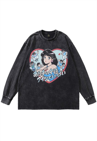 Anime t-shirt vintage wash Japanese cartoon top long tee