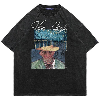 Van Gogh t-shirt artist top vintage wash painting tee grey