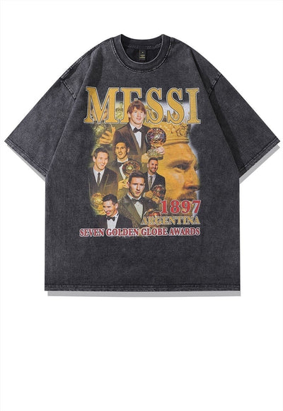 Messi print t-shirt sports tee retro football top in grey