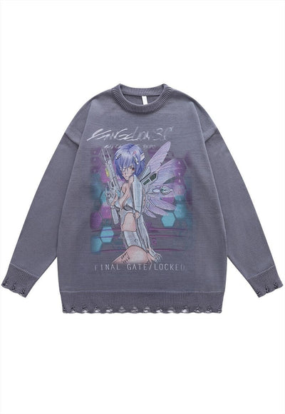 Anime girl sweater Manga knit distressed Kawaii jumper grey