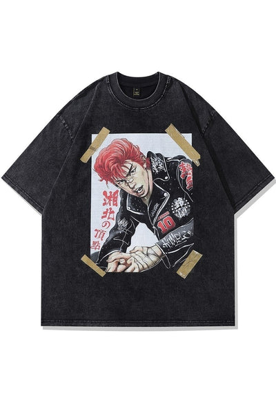 Japanese cartoon t-shirt Anime tee retro grunge top in grey