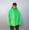 Hooded neon faux fur jacket shaggy coat bright raver bomber fluffy trench winter fleece festival jacket burning man overcoat in green