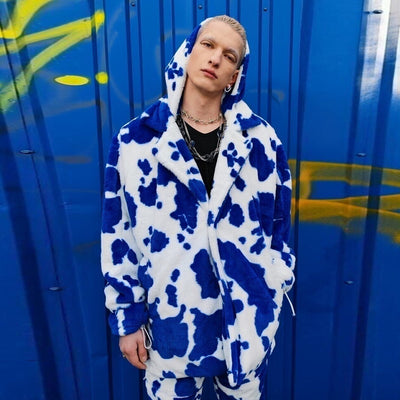 Cow fleece coat handmade 2 in 1 animal print jacket in blue