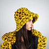 Yellow leopard bucket faux fur hat oversize animal print cap festival fisherman hat furry headwear jaguar headband lynx psychedelic rave cap