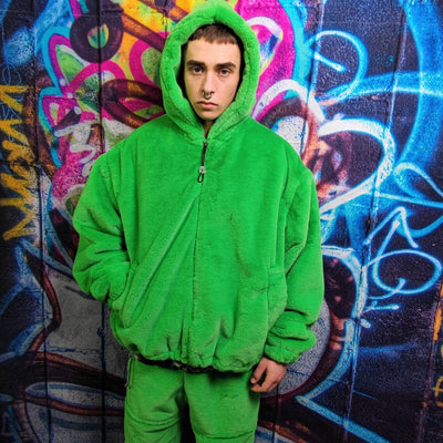 Green fleece jacket handmade detachable fluffy bomber fluorescent faux fur premium raver coat in bright neon techno green