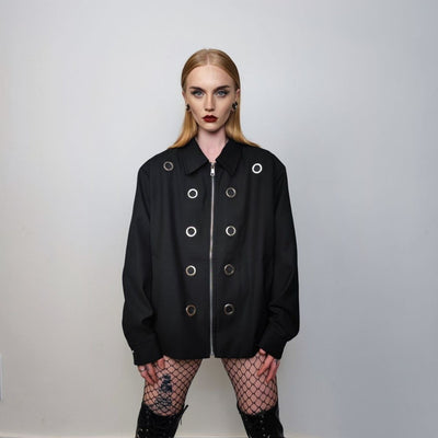 Utility jacket metal rings finish bomber grunge aviator gorpcore varsity zip up rocker coat in black