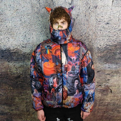 Psychedelic bomber jacket detachable raver puffer in rainbow