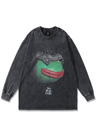 Hermit t-shirt frog print long tee retro cartoon top in grey