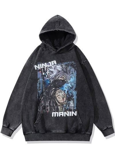 Anime print hoodie Japanese pullover ninja slogan top grey