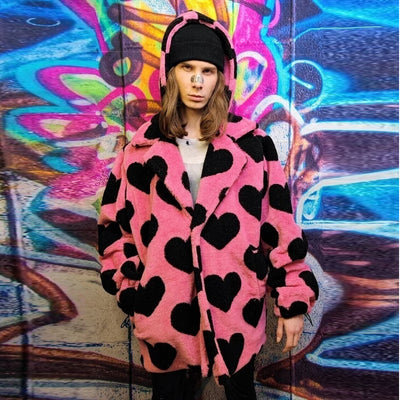 Heart fleece coat handmade 2 in1 detachable rave jacket pink